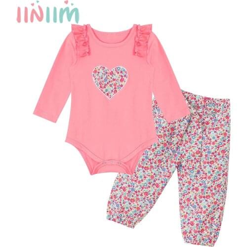 Spring Newborn Baby Girls Clothes Tops Ruffle Heart Print Romper Flower Printed Long Pants 2Pcs Autumn Set Outfits 6-24M