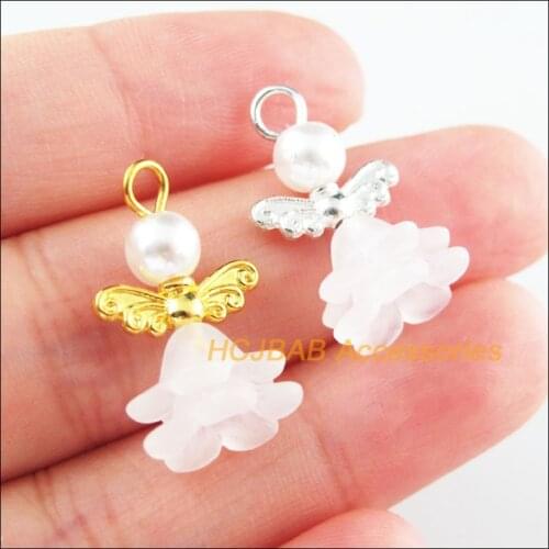 25Pcs Retro Gold Tibetan Silver Tone White Acrylic Angel Charms Pendants 14x22mm