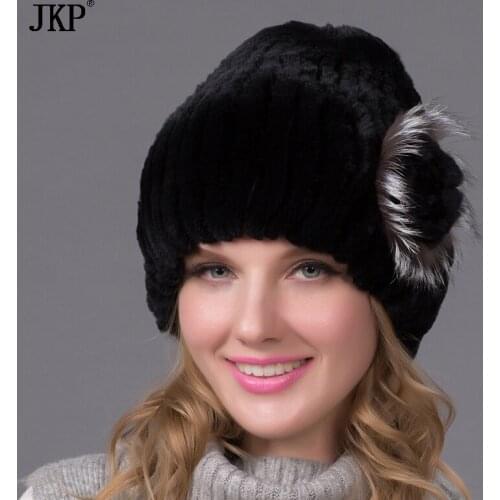 2021 natural hair Millinery Couture winter fur cap Rex rabbit hat on top of a flower top women knitted hat THY-33