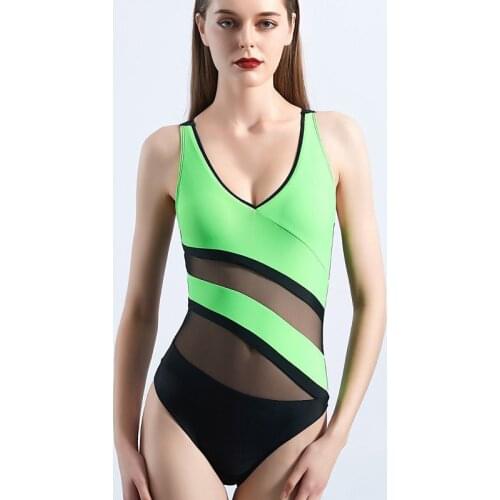 2021 New Bikini Solid Mesh Panel Conservative Triangle One Piece Womens Swimsuit One Piece