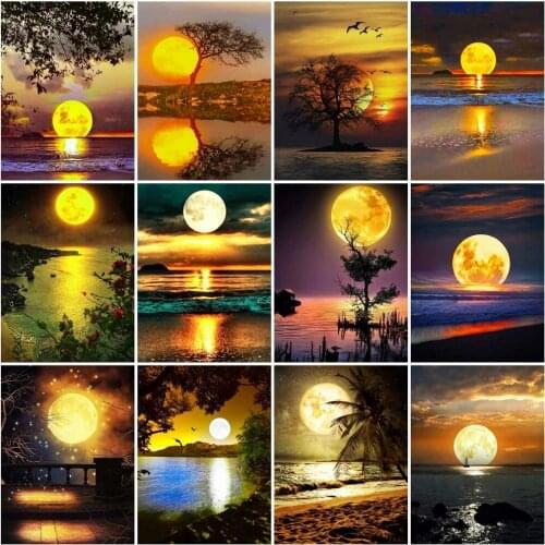 5d Diamond Painting Yellow Moon Home Decor Mosaic Embroidery Seaside Night Landscape Wall Stickers