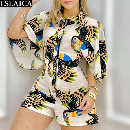 Cheap Wholesale Items Female Jumpsuit Flare Sleeve Turn-down Collar Parrot Print Overalls Shorts Elegant Casual Women Jumpsuits