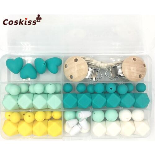 Baby Teether Toys Silicone Teething Kit Geometric Hexagon Silicone Wooden Pacifier Clip Teething Beads DIY Nursing Necklace