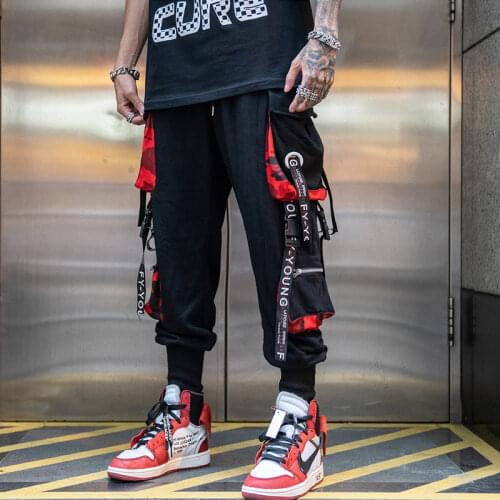 2021 Joggers Cargo Pants for Men Casual Hip Hop Hit Color Pocket Male Trousers Sweatpants Streetwear Ribbons Techwear Pants MEN