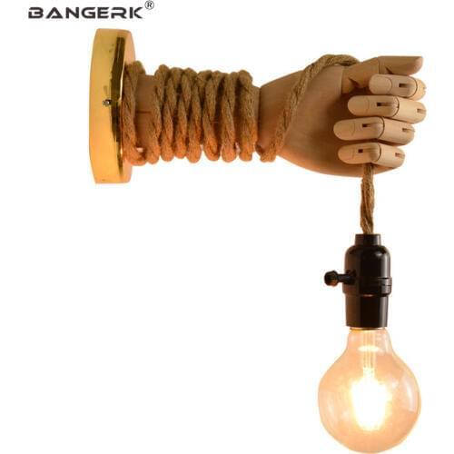 Creative Hand Type LED Wall Lamp Modern Wood Hemp Rope Edison Sconce Wall Lights Switch Loft Decor Home Lighting Luminaire