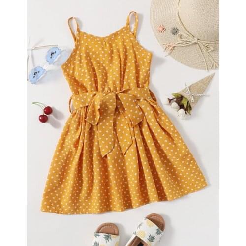 Summer Children Girls Casual Dresses Sleeveless V-neck Midi Dress Polka Dot Print High Waist Sling Sundress with Waistband