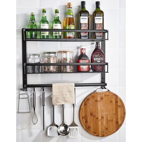 Matt Black Bathroom Shelf with Bar Hooks Shower Caddy Double Layer Bathroom Corner Shelf Kitchen Holder Pantry Rack Accessories