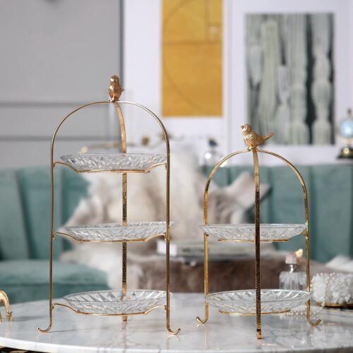 Moder Metal Alloy Bird Shelf Glass Dessert Plate Two Layer Three Layer Fruit Cake Dried Fruit Afternoon Tea Tray Home Decoration