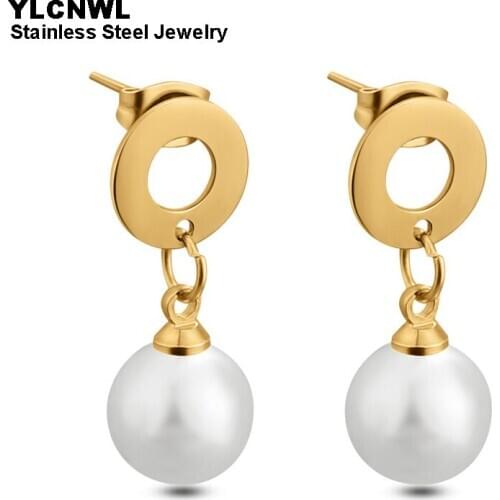 Fashion Stainless Steel Pearl Earrings For Women 2020 Gold Color Round Drop Ladies Jewelry Wedding Gift