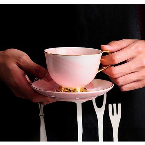Nordic Marbled Ceramic Coffee Cup and Saucer Set Afternoon Tea Cup Suit Handpainted Gold Rim Couple Cups