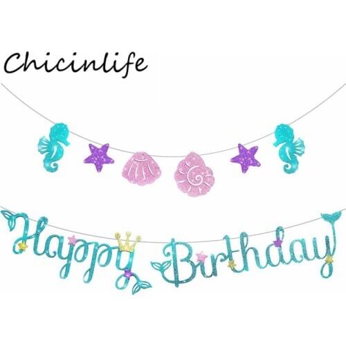 Chicinlife 1Set Mermaid Tail Sea Horse Shell Happy Birthday Banner Baby Shower Under the Sea Girl Mermaid Birthday Party Supplie