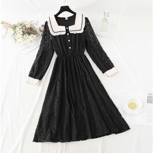 2021 New Black Lace Dress Elegant Vintage Spring Autumn Fashion Women Single-Breasted Dresses Slim Long Sleeve Vestidos H1161