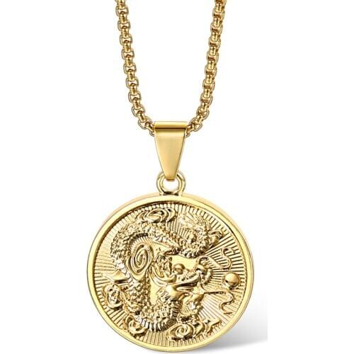 New Vintage Gold Color Round Chinese Ethnic Zodiac Dragon Pendant Necklace Box Chain Mascot Ornament Jewelry Wholesale GP427