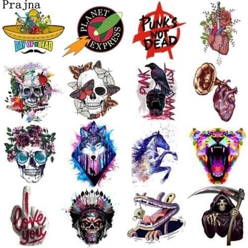 Prajna Skull Patch Hippie Rock Heat Transfer Vinyl Iron On Transfer For Clothing DIY Punk Stripes Thermal Stickers On Clothes