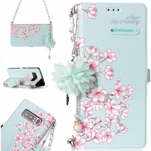 Go2linK Luxury Painting Red flower leather Phone Case For samsung galaxy note 8 6.3inch Flip Wallet Shoulder Chain Cover