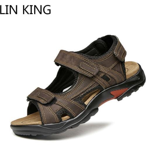 LIN KING Fashion Plus Size Men Sandals Breathable Summer Beach Shoes Genuine Leather Mens Sandal Comfortable Man Causal Shoes