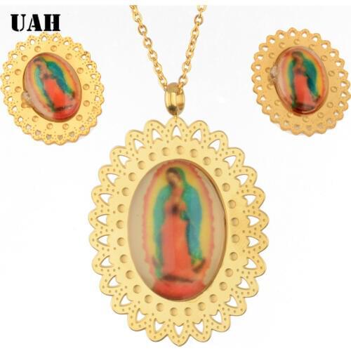 UAH New Fashion Jewelry Set Stainless Steel Blessed Virgin Mary Pendant Necklaces Earrings For Women Catholic church Gift
