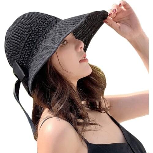 Women Summer Woven Mesh Sun Visor Cap Sweet Bowknot Open Top Roll-Up Packable Wide Brim Travel UV Protection Beach Hat