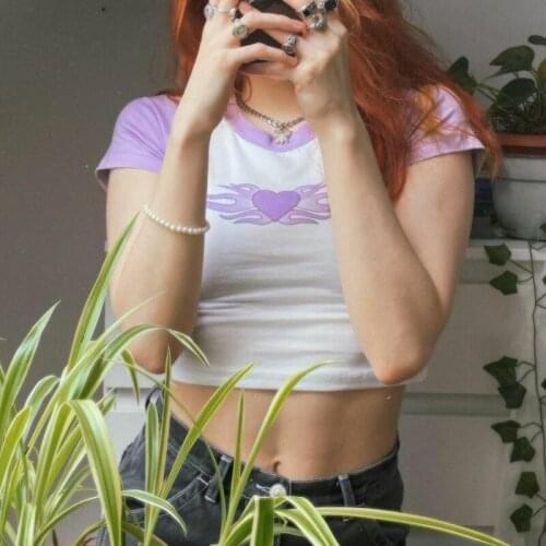 Women Cute Baby Tee Patchwork Short Sleeve Slim Fit T-shirt Y2K Aesthetic Summer Female O Neck Sweats Crop Top Streetwear