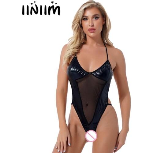 Women Lace-up Crotchless Catsuit Shiny Faux Leather Leotard Bodysuit Underwear Sheer See-through Mesh Patchwork High Cut Thongs