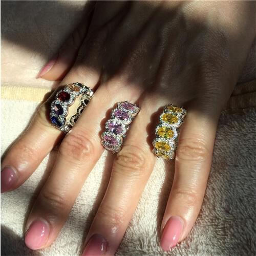 Vecalon Eternity Birthstone Promise ring 925 Sterling Silver Oval AAAAA Cz wedding band rings For women Party Finger Jewelry