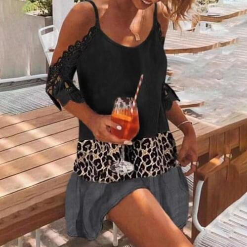 Women Summer Dress Loose Waist V Neck Patchwork Sling Lace Short Sleeve Off Shoulder Plus Size Dresses