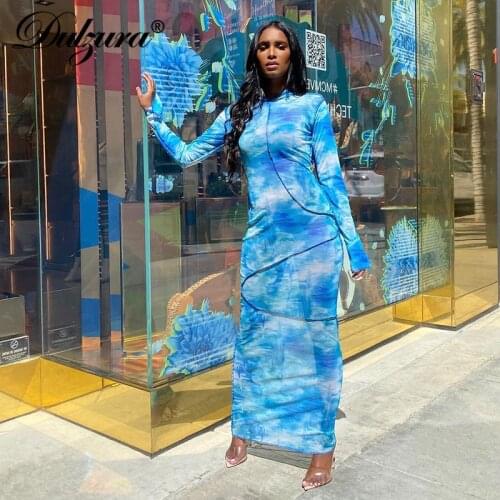 Dulzura Tie Dye Patchwork Women Long Sleeve Midi Dress Hoodie See Through Sheer Bodycon Sexy Streetwear Party Club 2021 Summer