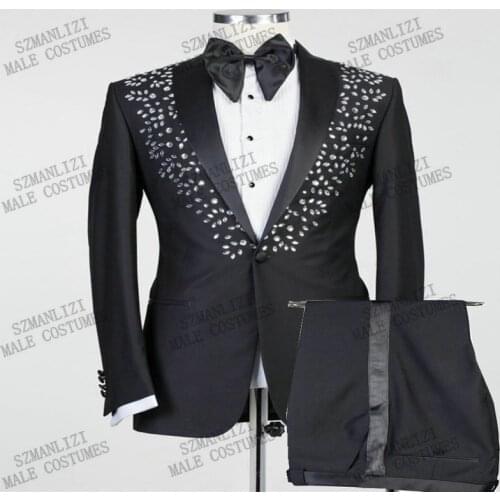 2021 Fashon Design Shawl Lapel Dinner Party Men Groom Suit Slim Fit Terno Masculino Black Crystal Blazers Men Suits For Wedding
