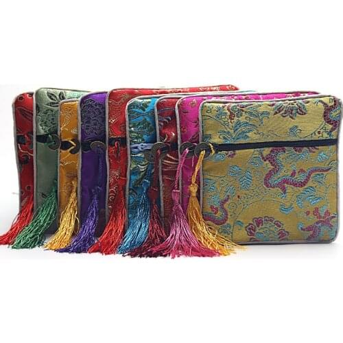 50pcs High Quality Tassel Zip Bags Small Christmas Gift Bags Birthday Wedding Party Favor Bags Silk Brocade Jewelry Pouches