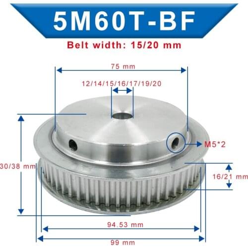 5M-60T Pulley Inner Bore 12/14/15/16/17/19/20 mm Aluminum pulley wheel Slot Width 16/21 mm Fit For Width 15/20 mm 5M-timing belt