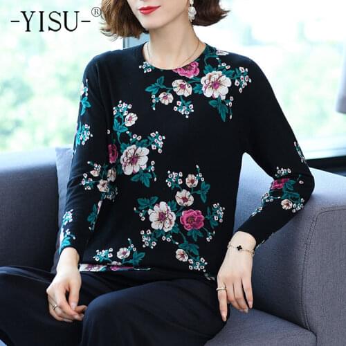 YISU 2021 New Women Wool Sweater Jumper O-Neck printing tops Long sleeves Loose Female Casual Knitted pullover Women clothing