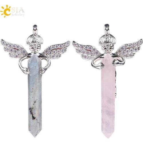 CSJA Men & Women Love Gift Natural Crystal Gem Stone Long Sword Hexagonal Prism Cupid Angel Wings Pendants for Necklaces E818
