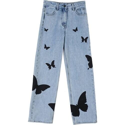 Hip hop Retro Butterfly light color jeans straight tube wide leg pants autumn and winter loose casual pants daily