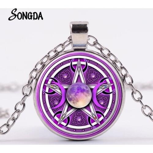 Purple Triple Moon Goddess Necklace Supernatural Pentagram Wicca Protection Glass Pendants Magic Necklaces for Men Women