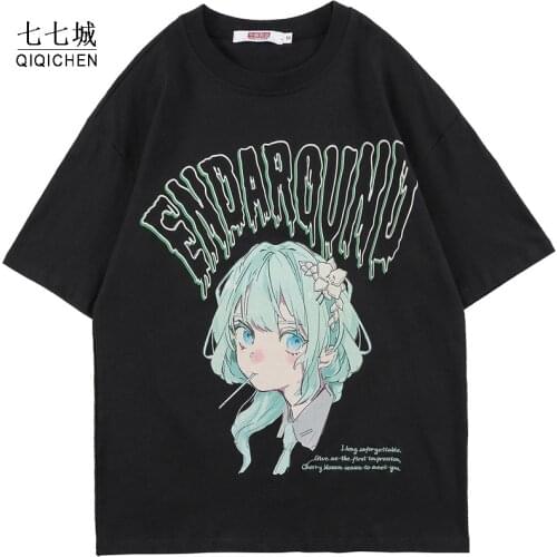 Anime Girl Print T-shirt Men Letter Casual Baggy Japanese Harajuku College Tee Tops Summer Streetwear Japanese Tshirts 2021
