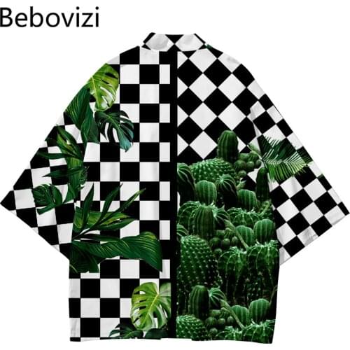 Cardigan Cosplay Haori Yukata Harajuku Tops Robe Clothes Checkerboard Tanjiro Beach Japanese Style Kimono Streetwear Men Women