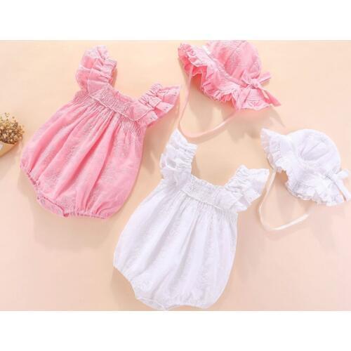 2019 New Solid Color Romper Baby Clothing Summer Embroidery Romper+Hat Kids Ruffle Romper Jumpsuit Pink Playsuit 3 6 9 Months