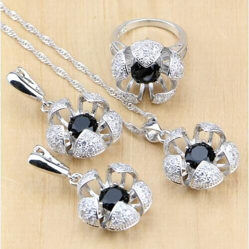 Bridal Jewelry Sets Black Stones With White Beads Silver 925 Jewelry For Women Wedding Earrings/Pendant/Ring/Necklace Set