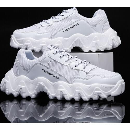 New Trend Pu Mesh Breathable White Sneakers Fashion Men Casual Shoes Spring Summer Men Lace Up Thick Bottom Shoes Comfortable