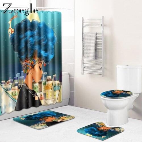 Zeegle Printed Bathroom Set Waterproof Shower Curtain Printed Washable Toilet Rug Lid Toilet Cover Anti-slip Bathroom Doomat