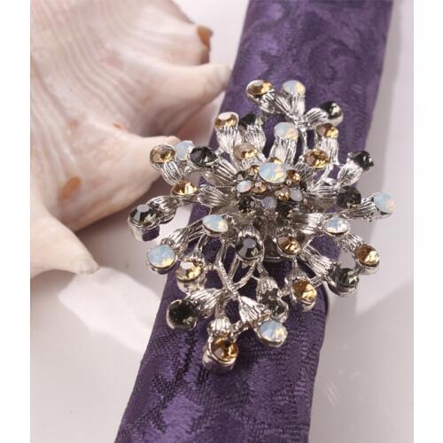 Antique Silver Plating With AB White Amber Black Crystals Jeweled Branch Flower Design Metal Alloy Napkin Rings Set of 6 Pieces