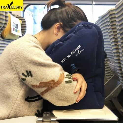 Travelsky Inflatable travel pillow foldable for airplanes train Sleeping flocking PVC soft head neck rest support travel pillows