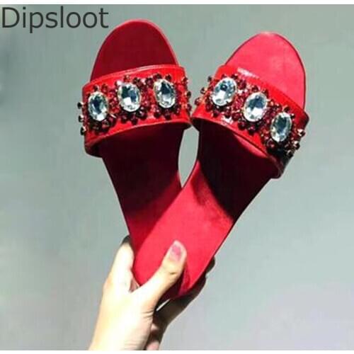 New Women Summer Glitter Diamond Flower Decor Peep Toe Slipper Snake Pattern Leather Crystal Sandals Women Flats Slide Shoes