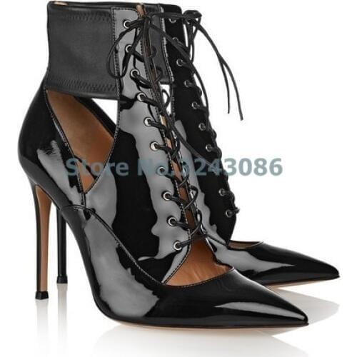 New Arrival Black Patent Leather Pointed Toe Lace Up Thin High Heel Boots Hollow Out Cross Tied Fashion Ankle Boots