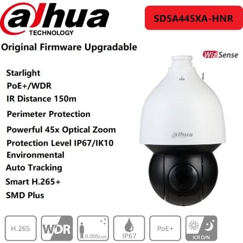 Dahua PTZ Camera 4MP SD5A445XA-HNR 45x Zoom Starlight IR150m WizSense Network Camera PoE+ SMD Protection IP67/IK10 Auto-tracking