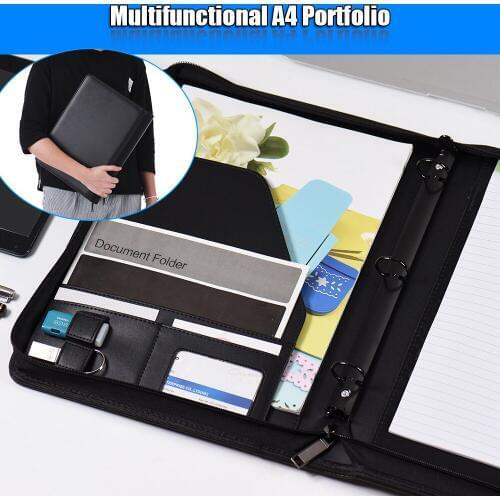 A4 PU Leather Document Folder Office Supplies Business Portfolio Padfolio Folder Document Case Organizer Zippered Closure
