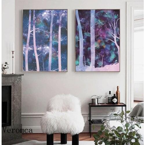 Unframed Purple Sky And Tree Landscape Oil Painting Planetary Rings Moons Purple Stars Canvas Poster Print Home Decoration