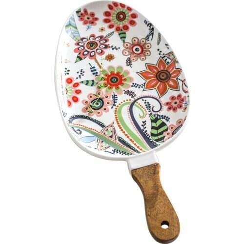 Plate Ceramic Dish Steak Salad Tray with Wooden Handle Food Christmas Plates Home Decor