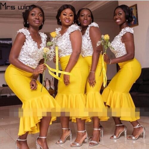 Mrs win Bridesmaid Dress For Girls V-neck Appliques Vestido Madrinha Plus Size Tea Length Wedding Party Dress Under 50 HR110