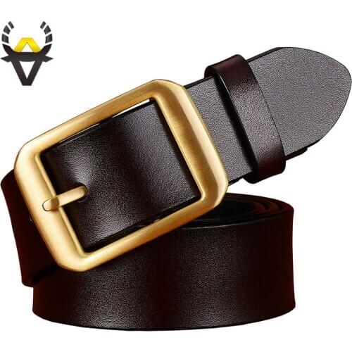 Fashion Genuine leather belts for men Copper plating alloy Pin buckle belt man Quality second layer cow skin strap male Brown